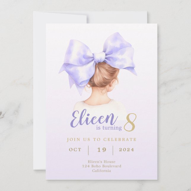 Invitación a cumpleaños de Chica Purple Bow (Anverso)