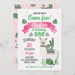 Invitación a cumpleaños de chicas Llama