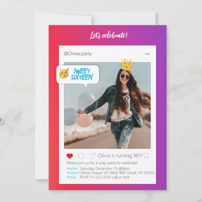 Invitación a cumpleaños de Color InstaParty (Anverso)