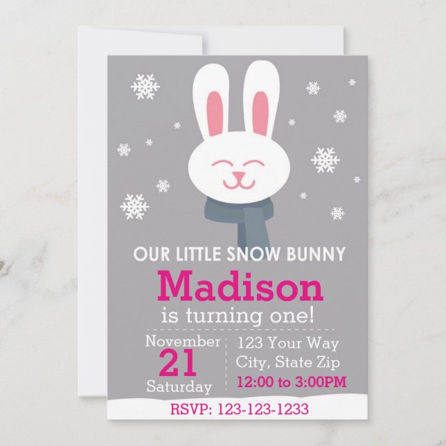 Invitación a cumpleaños de conejo de nieve (rosa) (Anverso)