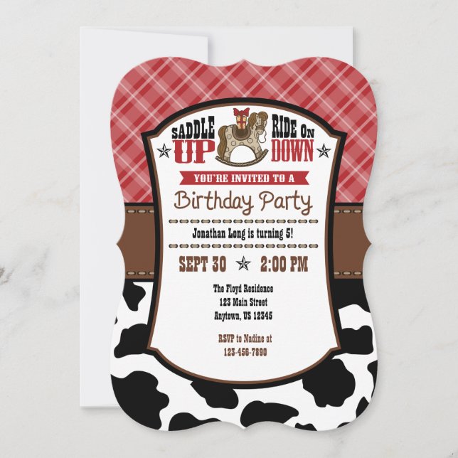 Invitación a cumpleaños de Cowboy Piel de vaca de  (Anverso)