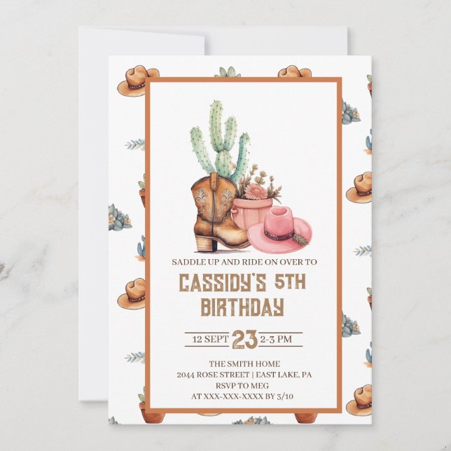 Invitación a cumpleaños de Cowgirl Wildwest Wester (Anverso)