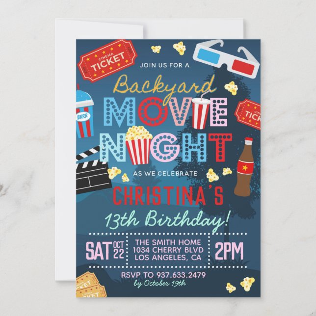 Invitación a cumpleaños de cumpleaños de películas (Anverso)