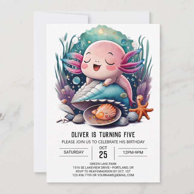 Invitación a cumpleaños de Cute Axolotl (Anverso)