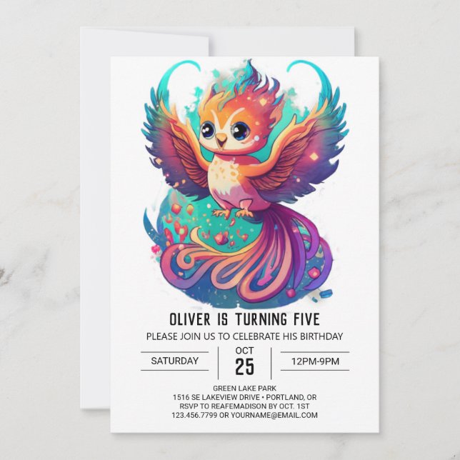 Invitación a cumpleaños de Cute Phoenix Watercolor (Anverso)