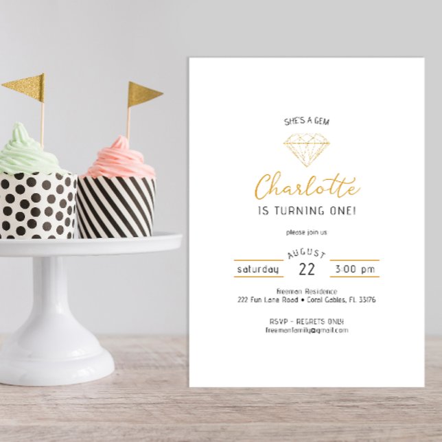 Invitación a cumpleaños de diamantes de oro de joy (modern minimalist glitter gold gem birthday party invitation)