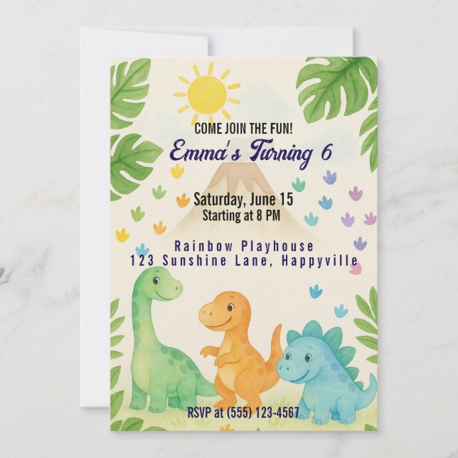 Invitación a cumpleaños de Dino para niño de 6 año (Anverso)