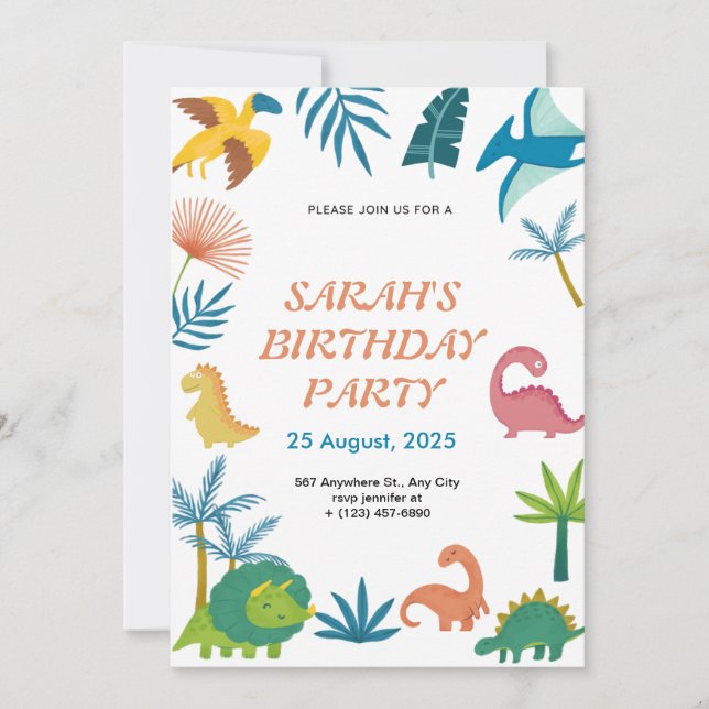 Invitación a cumpleaños de dinosaurios coloridos y (Anverso)