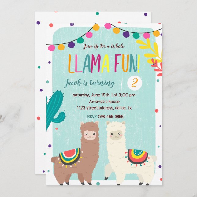 Invitación a cumpleaños de dos Llamas Chalkboard (Anverso / Reverso)