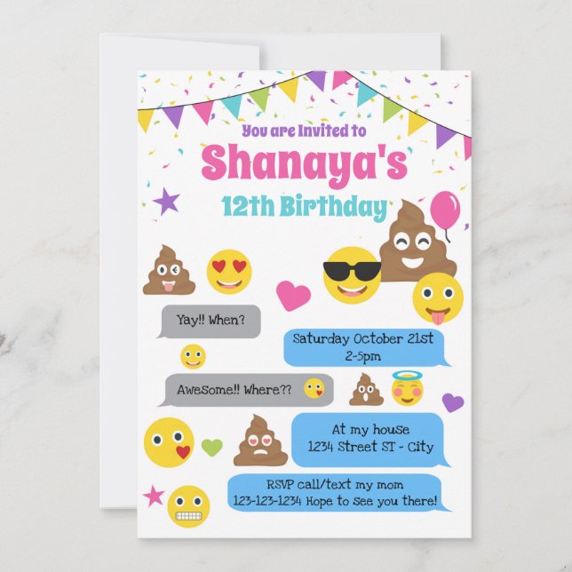 Invitación a cumpleaños de Emoji, Fiesta de Emoji (Anverso)
