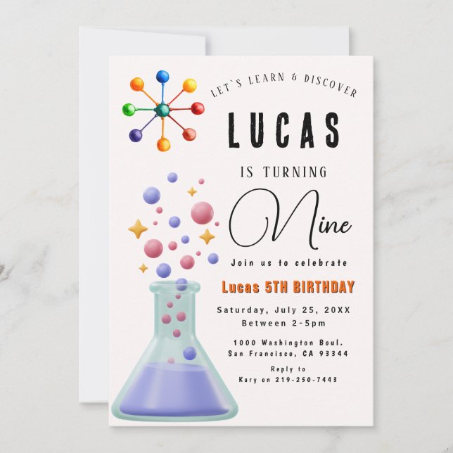 Invitación a cumpleaños de Fiesta de ciencias (Anverso)