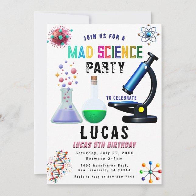 Invitación a cumpleaños de Fiesta de ciencias (Anverso)