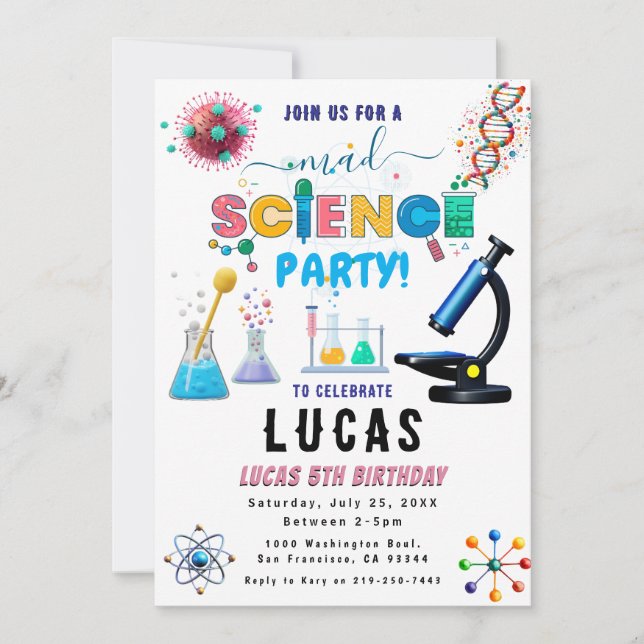 Invitación a cumpleaños de Fiesta de ciencias (Anverso)