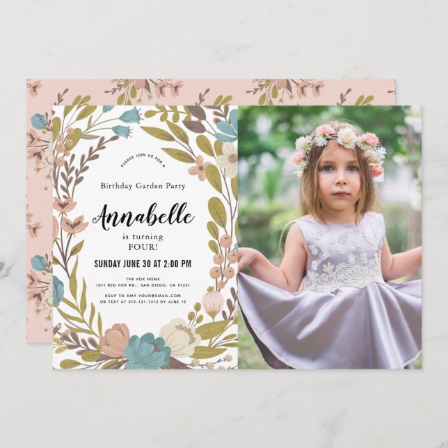 Invitación a cumpleaños de Fiesta de jardín floral (Anverso / Reverso)