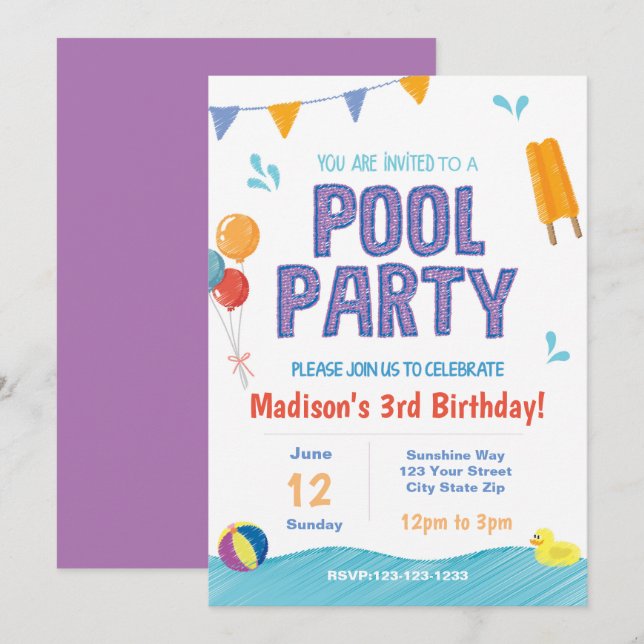 Invitación a cumpleaños de Fiesta de la piscina de (Anverso / Reverso)