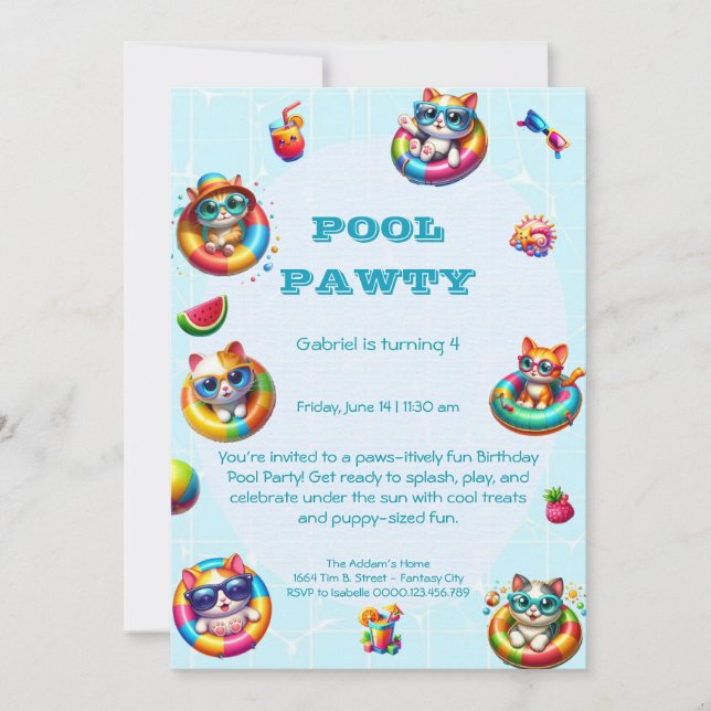 Invitación a cumpleaños de Fiesta de la piscina de (Anverso)