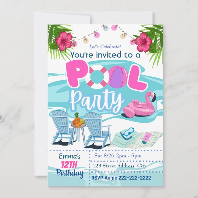 Invitación a cumpleaños de Fiesta de piscina (Anverso)