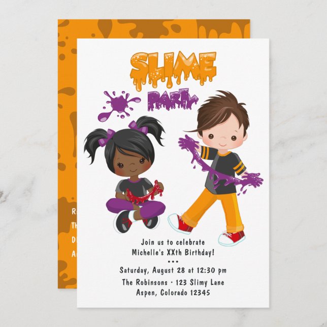 Invitación a cumpleaños de Fiesta de Slime lindo (Anverso / Reverso)