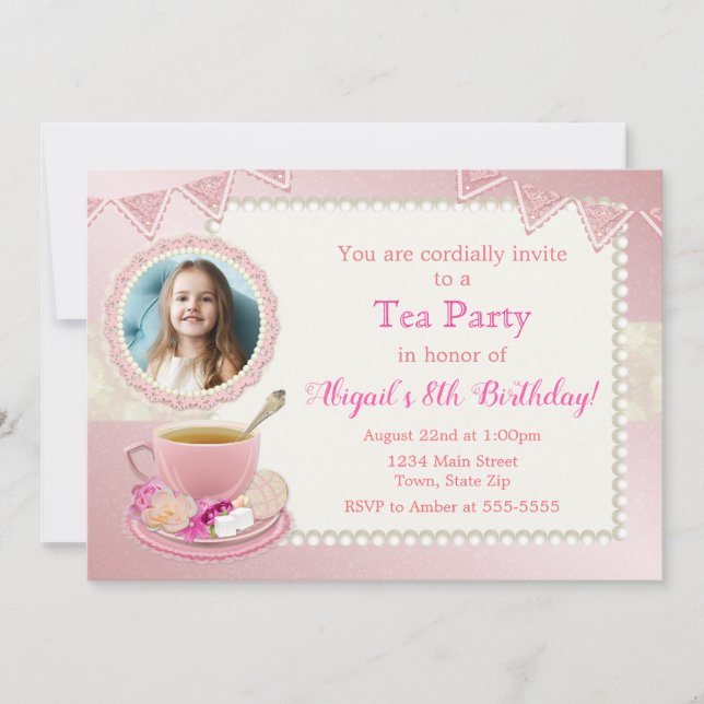 Invitación a cumpleaños de Fiesta de té Niña peque (Anverso)