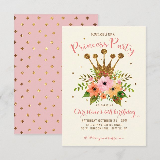 Invitación a cumpleaños de floral Fiesta Purpurina (Anverso / Reverso)