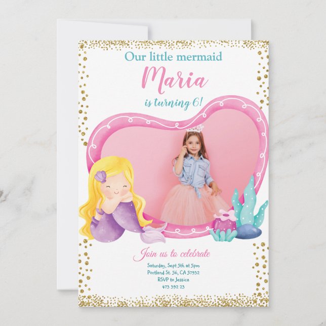 Invitación a cumpleaños de foto de Sirena pequeña (Anverso)