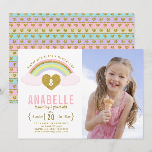 Invitación a cumpleaños de foto de Unicorn Purpuri (Anverso / Reverso)