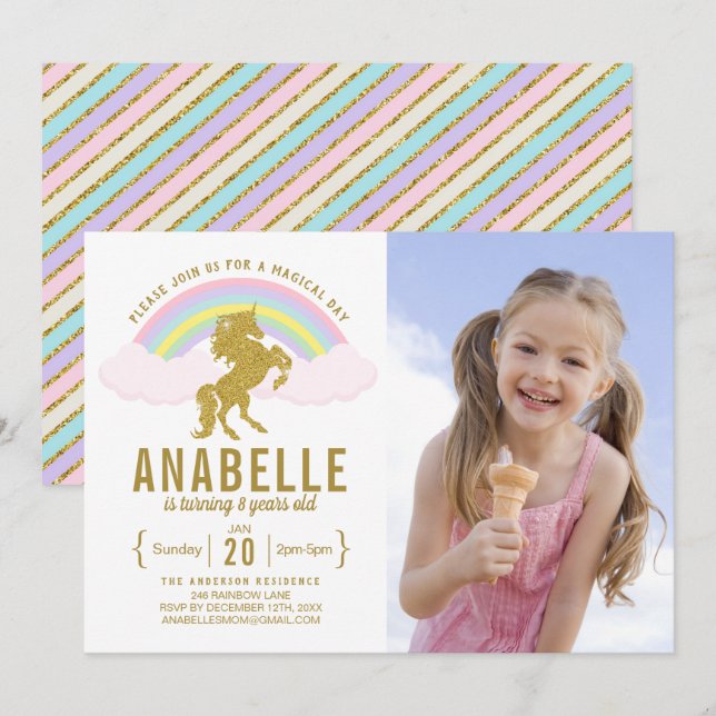 Invitación a cumpleaños de foto de Unicorn Purpuri (Anverso / Reverso)