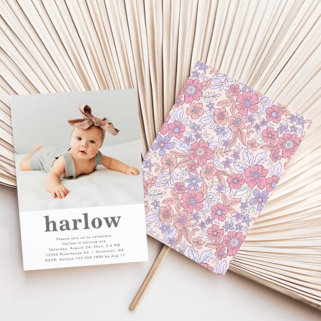 Invitación a cumpleaños de foto simple | Floral (Subido por el creador)