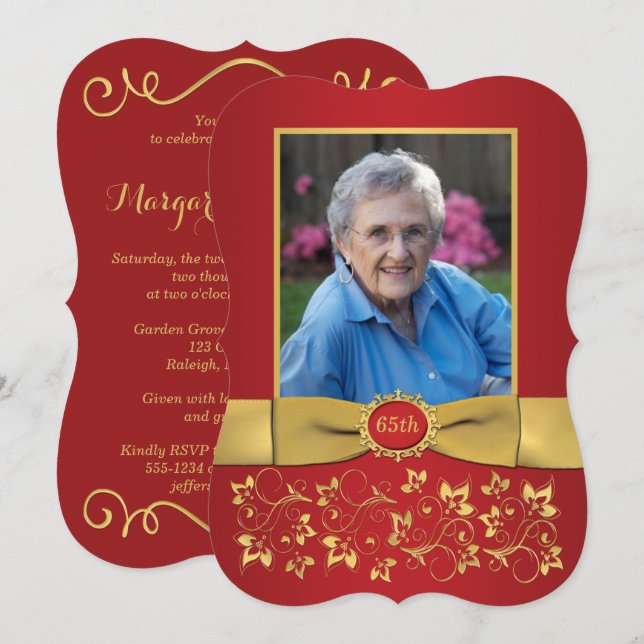 Invitación a cumpleaños de fotos rojas y 65 (Anverso / Reverso)