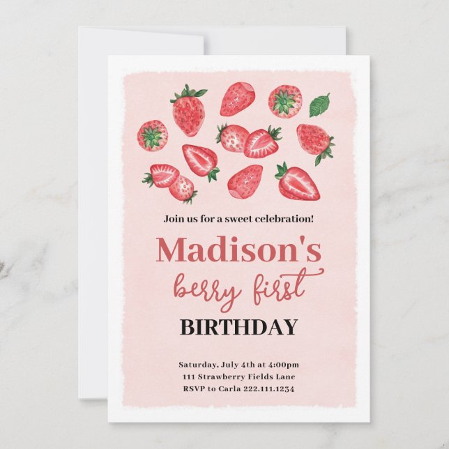 Invitación a cumpleaños de fresa, Fiesta de dulces (Anverso)