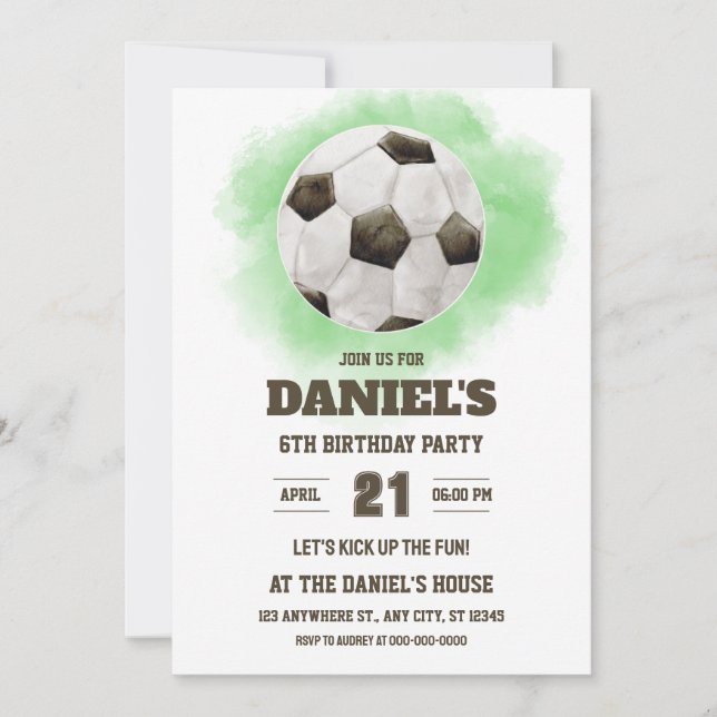 Invitación a cumpleaños de fútbol acuarela unisex (Anverso)