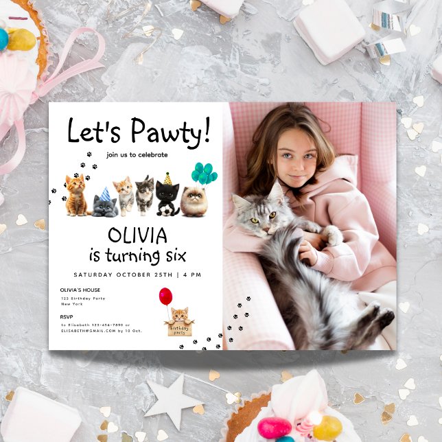 Invitación a cumpleaños de gato fotográfico | Cute (Photo Cat Birthday Invite | Cute Kitten Pawty)