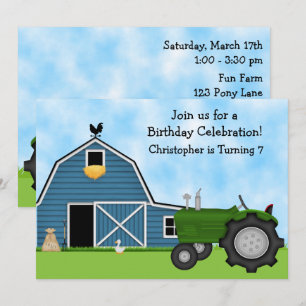 Invitación a cumpleaños de Green Tractor y Blue Ba