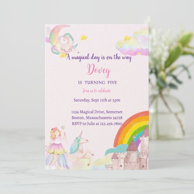 Invitación a cumpleaños de hadas Fiesta de Rainbow (Anverso de pie)