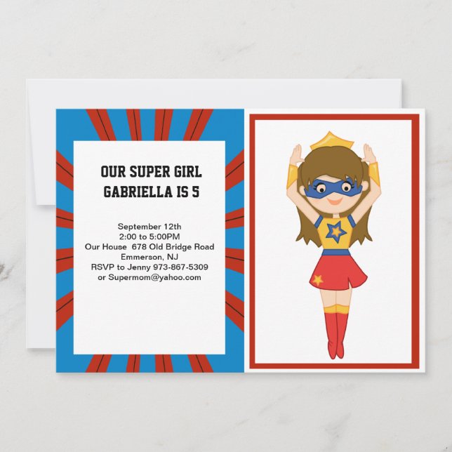 Invitación a cumpleaños de héroe super Chica (Anverso)