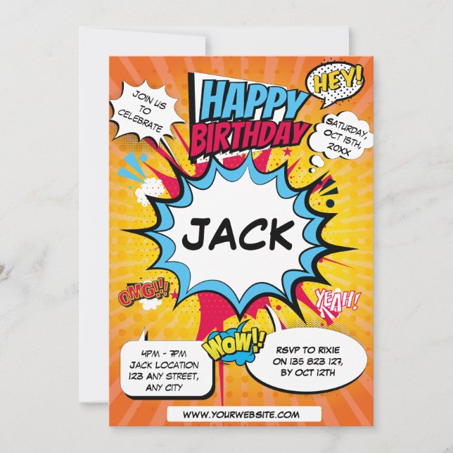 Invitación a cumpleaños de historieta (Anverso)