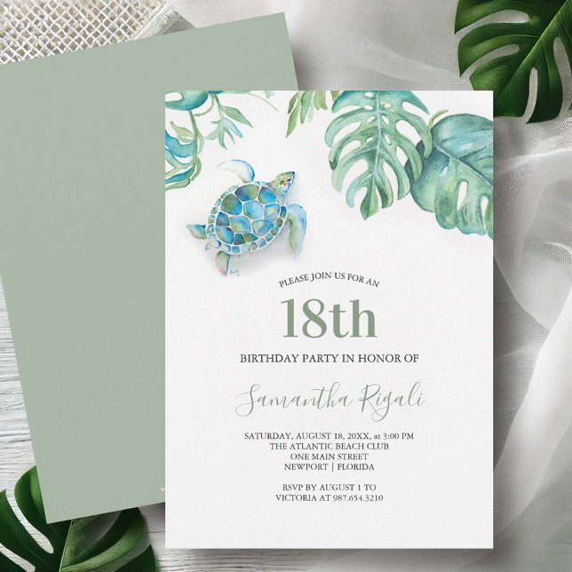 Invitación a cumpleaños de la tortuga tropical mar (18th birthday invitations watercolor sea turtle & palm leaf art by Victoria Grigaliunas DoTellABelle)