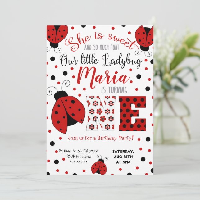 Invitación a cumpleaños de Lady bug (Anverso de pie)