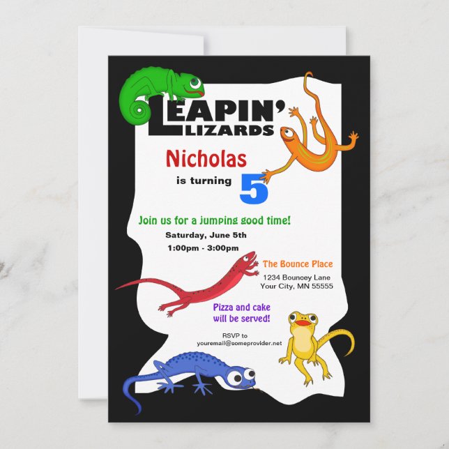 Invitación a cumpleaños de Lizard, que salta de ri (Anverso)
