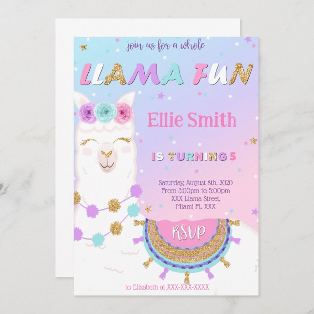 Invitación a cumpleaños de Llama (Anverso / Reverso)