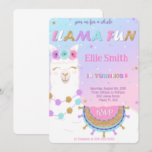 Invitación a cumpleaños de Llama (Anverso / Reverso)