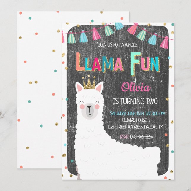Invitación a cumpleaños de Llama Chalkboard (Anverso / Reverso)