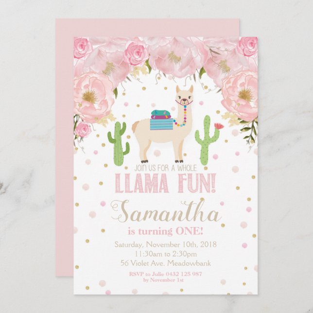 Invitación a cumpleaños de Llama Chica floral de R (Anverso / Reverso)