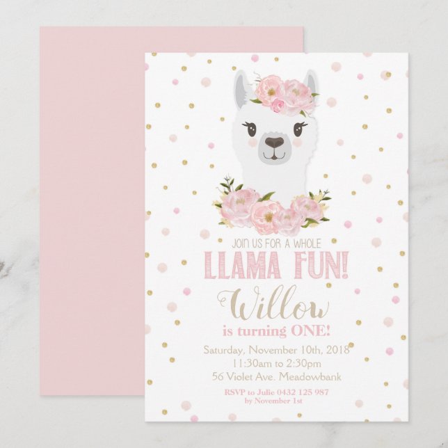 Invitación a cumpleaños de Llama Chica floral de R (Anverso / Reverso)