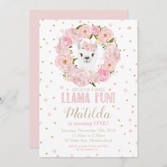 Invitación a cumpleaños de Llama Chica floral de R (Anverso / Reverso)