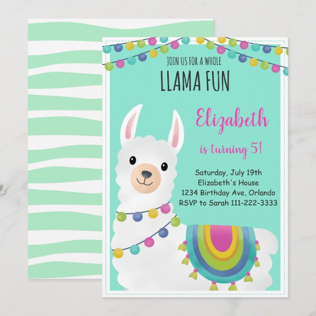Invitación a cumpleaños de Llama completa verde di (Anverso / Reverso)