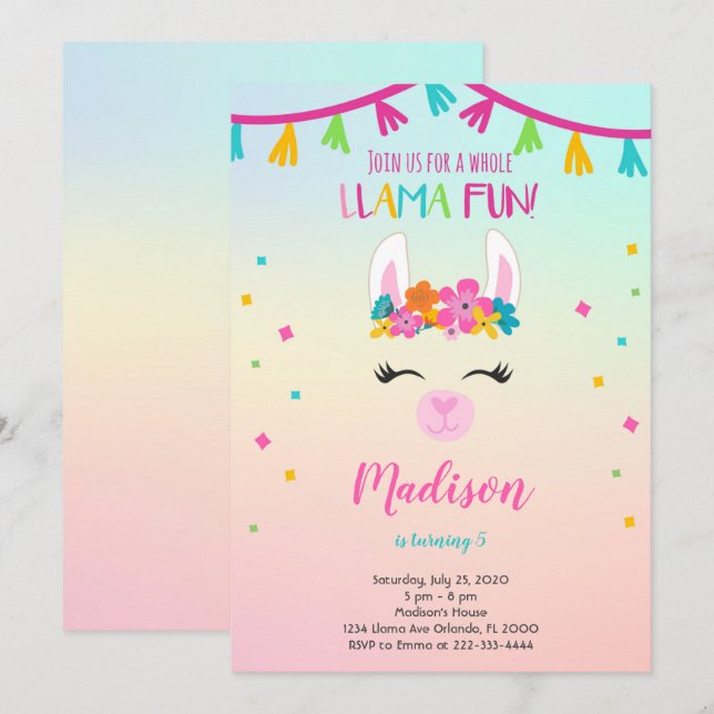Invitación a cumpleaños de Llama floral (Anverso / Reverso)