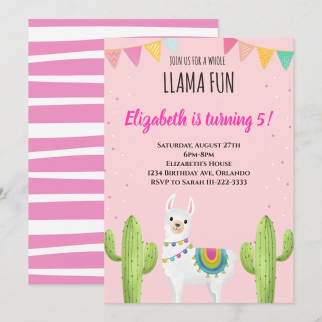Invitación a cumpleaños de Llama Rosa (Anverso / Reverso)