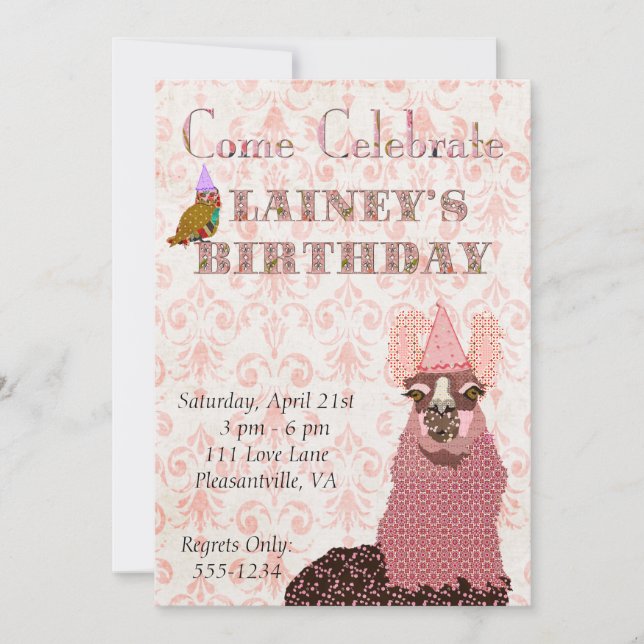 Invitación a cumpleaños de Llama Rosa (Anverso)