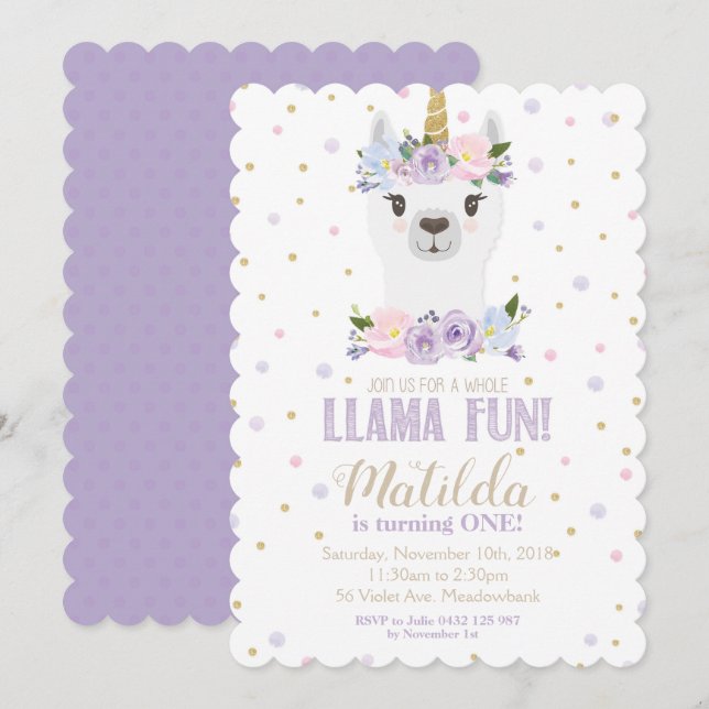 Invitación a cumpleaños de Llama Unicornio Floral  (Anverso / Reverso)